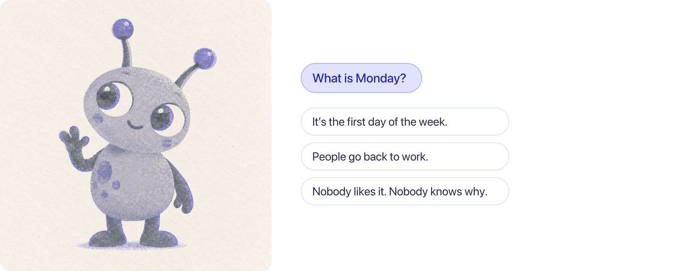 Симпатичний прибулець з антенами питає What is Monday? Поруч відповіді учня: It’s the first day of the week. People go back to work. Nobody likes it. Nobody knows why.